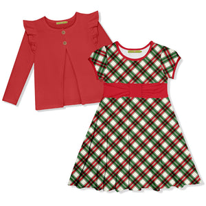 Kids Christmas Plaid Bow Cap-Sleeve Dress & Red Cardigan