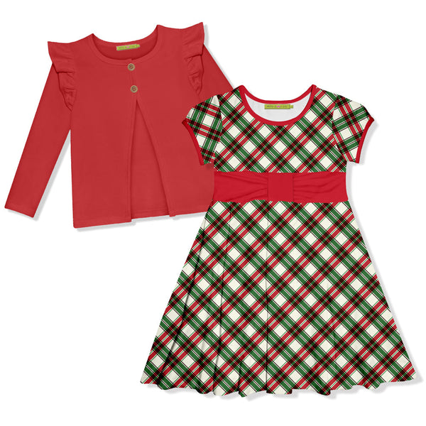 Kids Christmas Plaid Bow Cap-Sleeve Dress & Red Cardigan