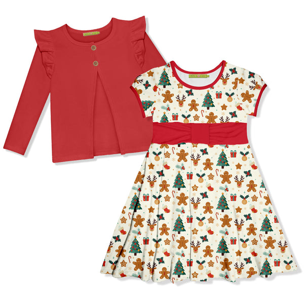 Kids Christmas Gingerbread Bow Cap-Sleeve Dress & Red Cardigan