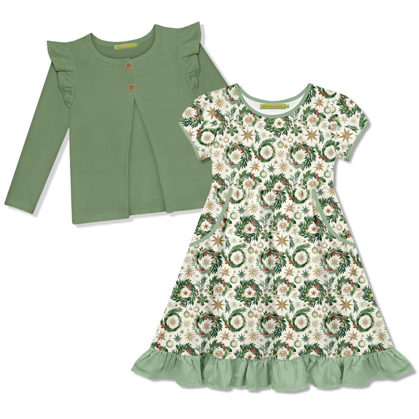 Kids Cream Christmas Wreath Cap-Sleeve Dress & Loden Frost Ruffle Cardigan