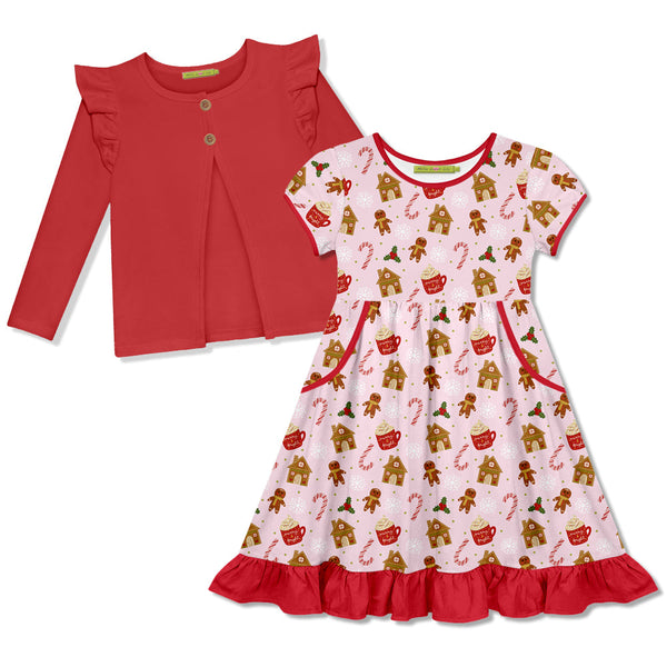 Kids Pink Gingerbread Cap Sleeve Dress & Red Cardigan