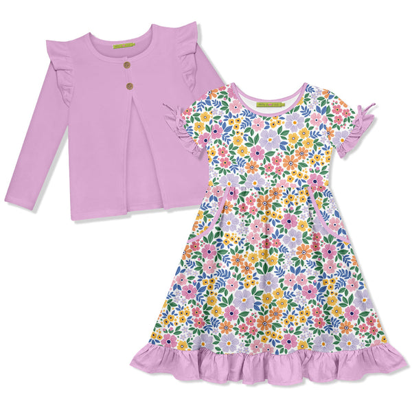 Kids Spring Bouquet Bow Ruffle-Sleeve A-Line Dress & Lilac Ruffle Cardigan