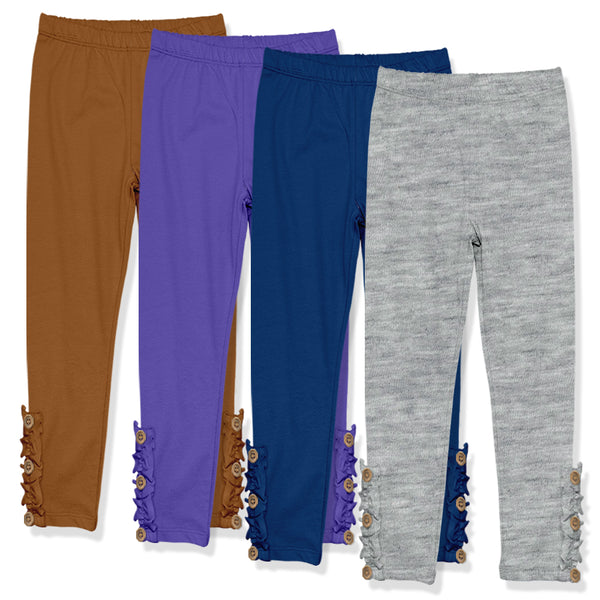 Millie Loves Lily Girls Solid Ruffle Legging Set with Button Accent, Caramel/Purple/Navy/Grey