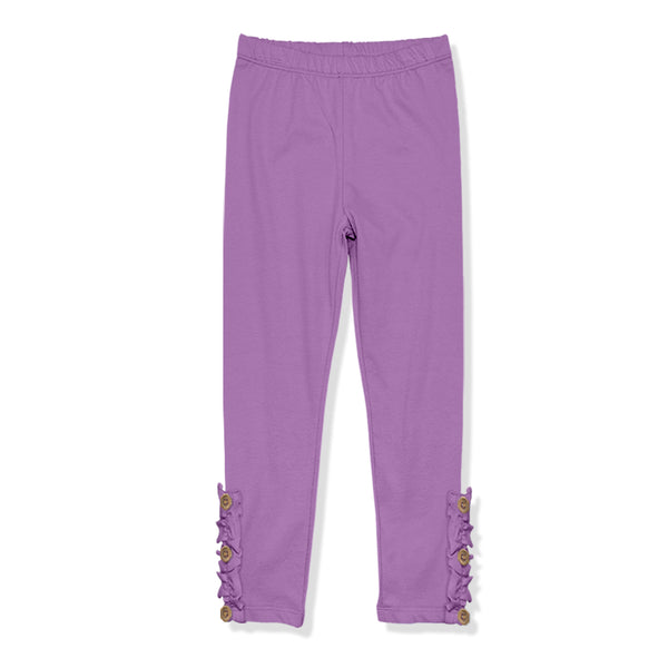 Purple Button-Accent Ruffle-Trim Leggings