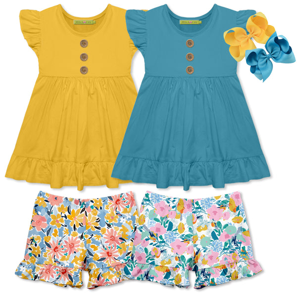 6-PC Marigold & Turquoise Flower Top Short & Hair Bow Set