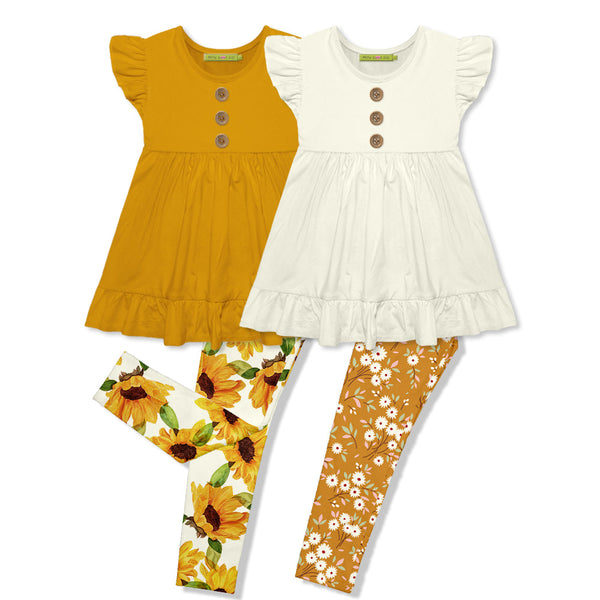 Millie Loves Lily Girls' Marigold & Cream 4-pc Cotton Top & Printed Legging Set