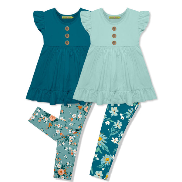 Millie Loves Lily Girls Teal & Mint Floral Garden Leggings Set, Big Girls