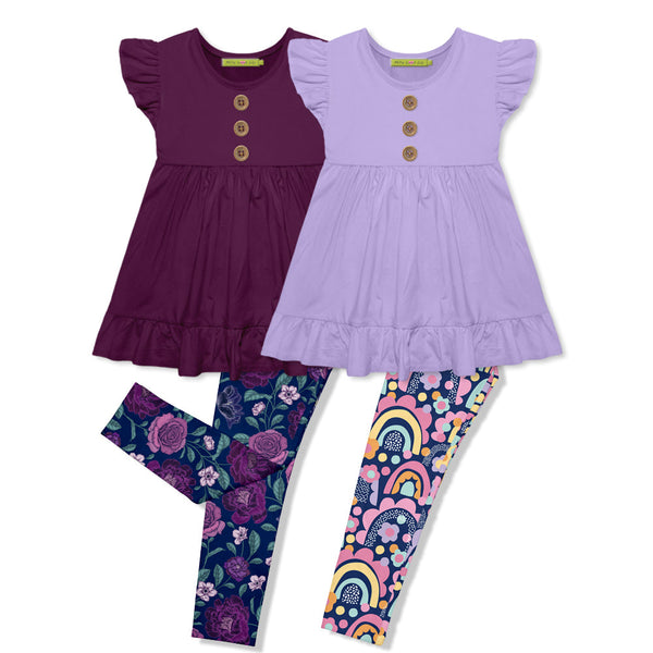 Millie Loves Lily Girls Plum & Orchid Dusk Floral & Candy Rainbow 4-pc Legging Set (2T-12)