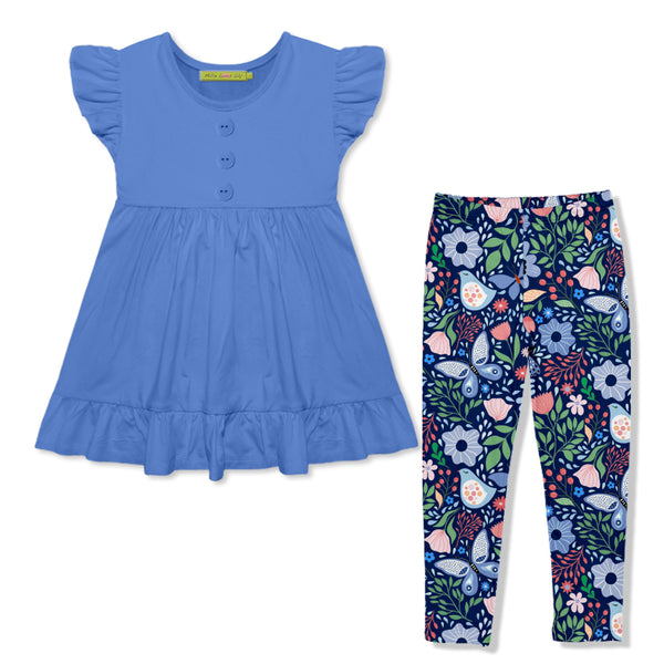 Marina Blue Angel-Sleeve Babydoll Top & Butterfly Garden Leggings