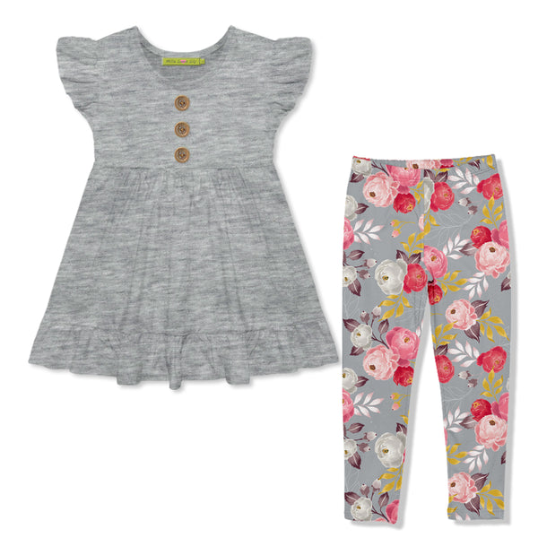 Heather Gray Angel-Sleeve Babydoll Top & Girl Flower Leggings