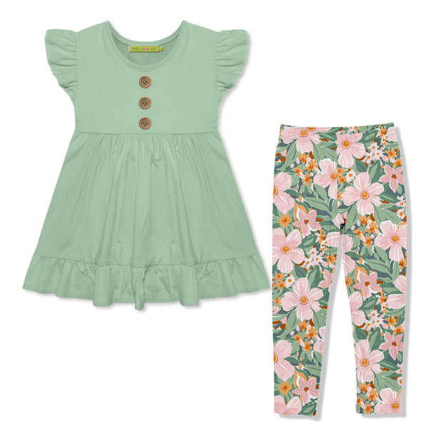 Sage Angel-Sleeve Babydoll Top & Sadie Floral Leggings