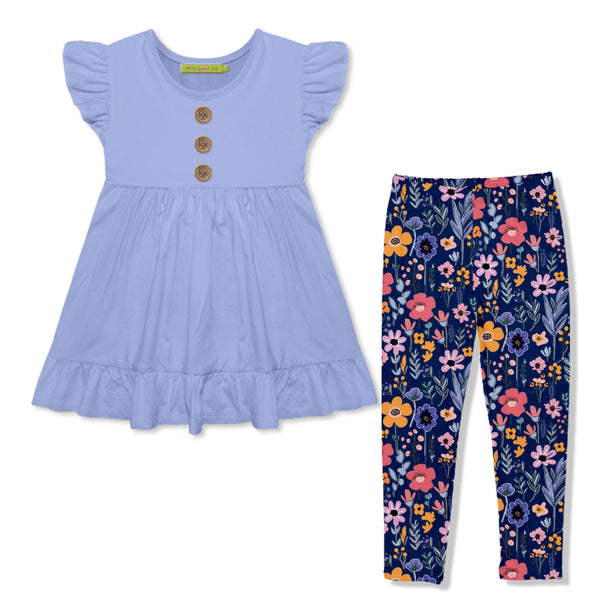 Periwinkle Angel-Sleeve Babydoll Top & Floral Leggings