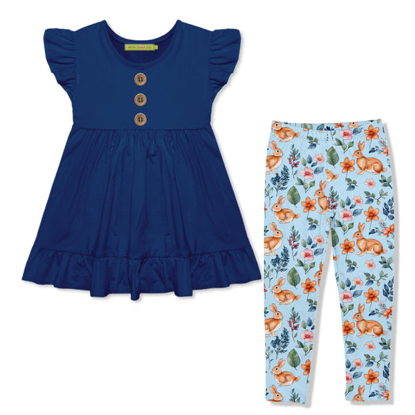 Navy Babydoll Top & Bunnies Flowers Leggings