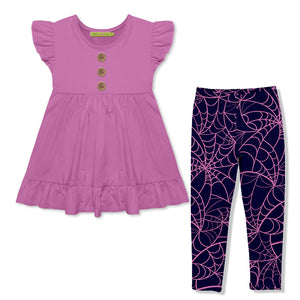 Kids Violet Angel-Sleeve Babydoll Top & Spider Web Leggings