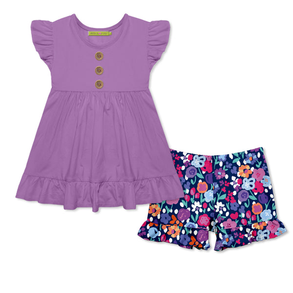 Purple Angel-Sleeve Top & Confetti Floral Ruffle Shorts