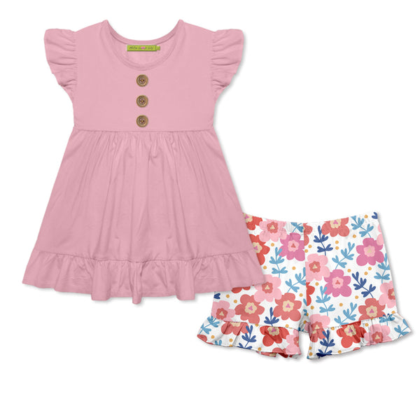 Dusty Pink Angel-Sleeve Top & May Floral Ruffle Shorts