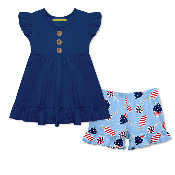 Navy Angel-Sleeve Top & American Picnic Ruffle Shorts