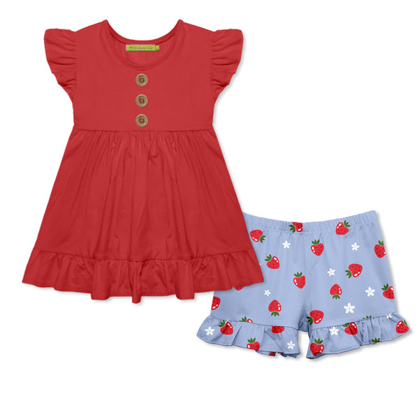 Kids Red Angel-Sleeve Top & Strawberries Ruffle Shorts