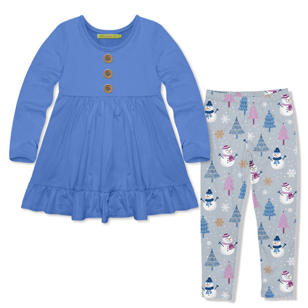 Marina Blue Longsleeve Babydoll Top & Snowmen&Trees Leggings