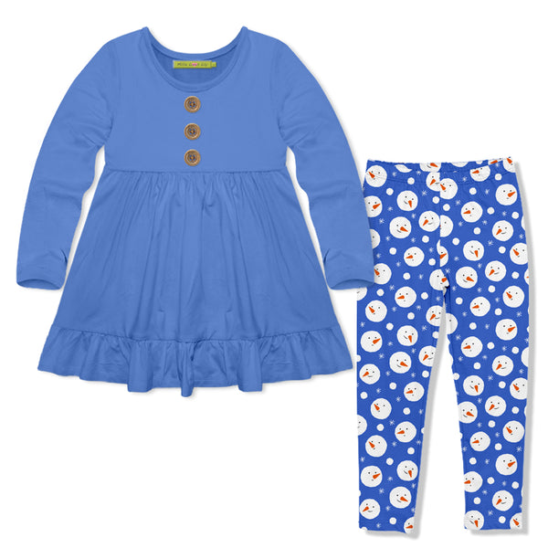 Marina Blue Long-Sleeve Babydoll Top & Snowman Dots Leggings