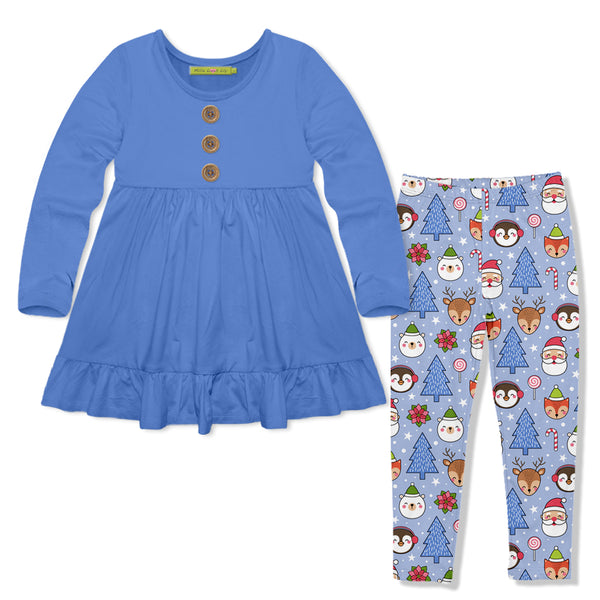 Marina Blue Long-Sleeve Babydoll Top & Christmas Stamp Leggings