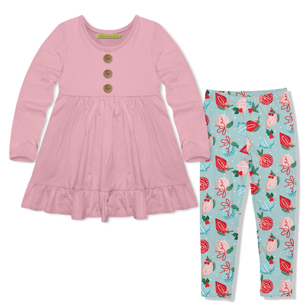 Pink Long-Sleeve Babydoll Top & Holiday Ornaments Leggings