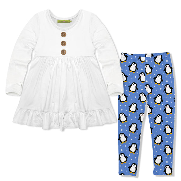 White Long-Sleeve Babydoll Top & Penguins Leggings