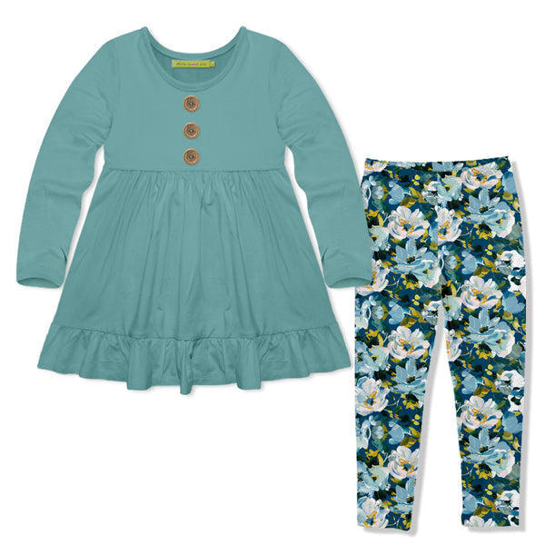 Nile Blue Long-Sleeve Babydoll Top & Floral Leggings