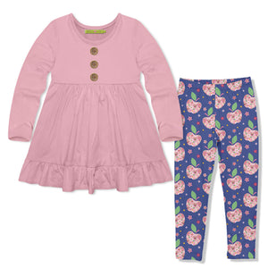 Kids Dusty Pink Long-Sleeve Babydoll Top & Apple Flowers Leggings
