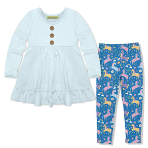 Kids Ice Blue Long-Sleeve Babydoll Top & Unicorn Leggings