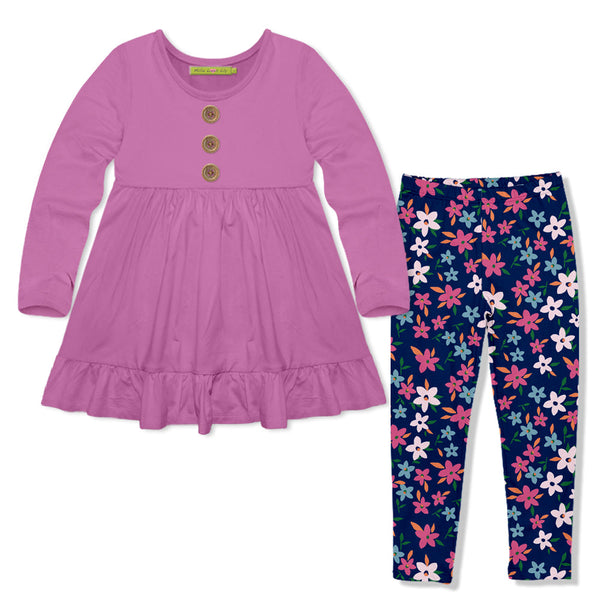 Kids Violet Long-Sleeve Babydoll Top & Floral Fancy Leggings