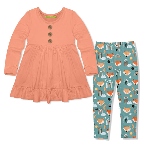 Kids Coral Long-Sleeve Babydoll Top & Rainbow Fox Leggings