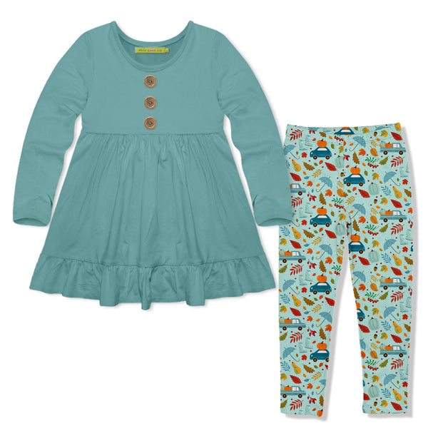 Kids Nile Blue Long-Sleeve Babydoll Top & Travelling Pumpkins Leggings