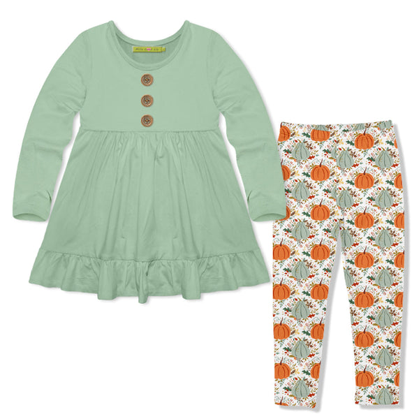 Kids Sage Long-Sleeve Babydoll Top & Pumpkin Patch Leggings