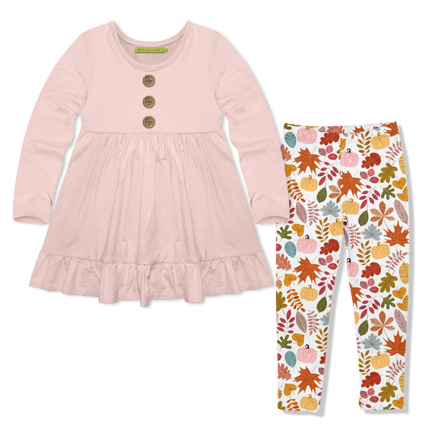 Kids Light Pink Long-Sleeve Babydoll Top & Leaves Leggings