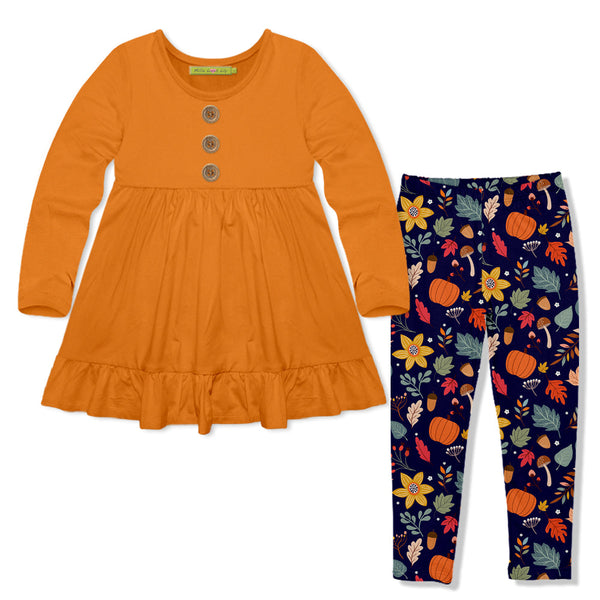 Kids Orange Long-Sleeve Babydoll Top & Forest & Flowers Leggings