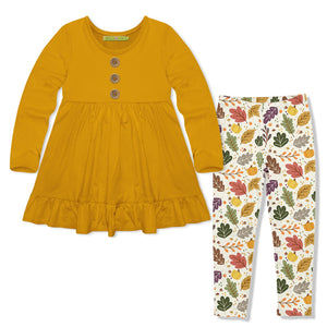 Kids Marigold Long-Sleeve Babydoll Top & Harvest Leaves Leggings