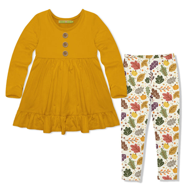 Kids Marigold Long-Sleeve Babydoll Top & Harvest Leaves Leggings