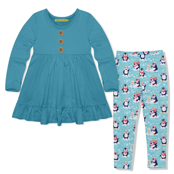 Kids Turquoise Long-Sleeve Babydoll Top & Penguins Leggings