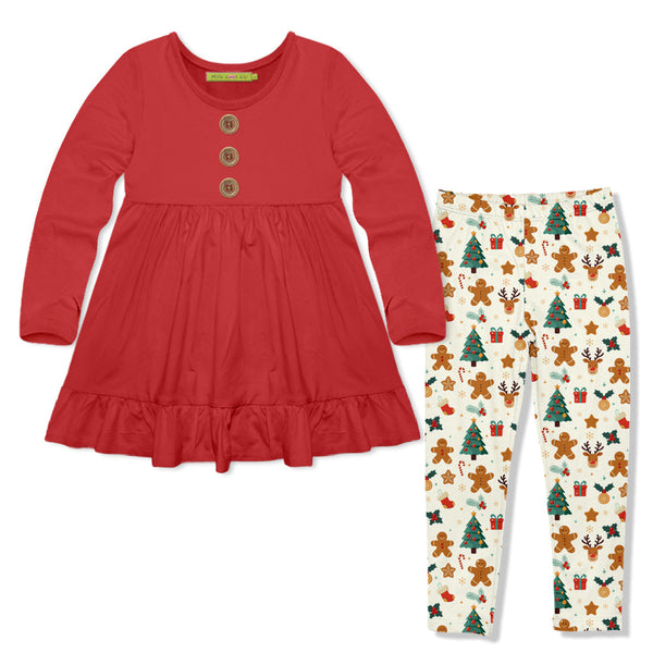 Kids Red Long-Sleeve Babydoll Top & Gingerbread Christmas Leggings