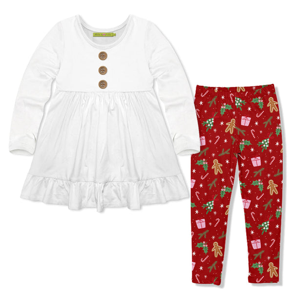 Kids White Long Sleeve Babydoll Top & Red Christmas Holly Leggings