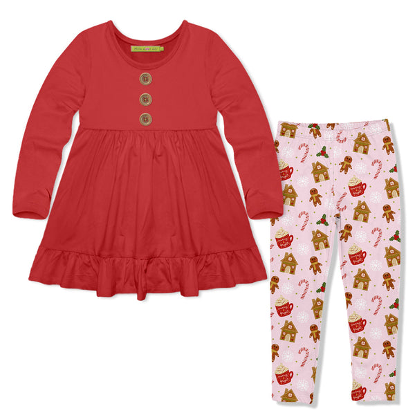 Kids Red Long Sleeve Babydoll Top & Pink Gingerbread Leggings