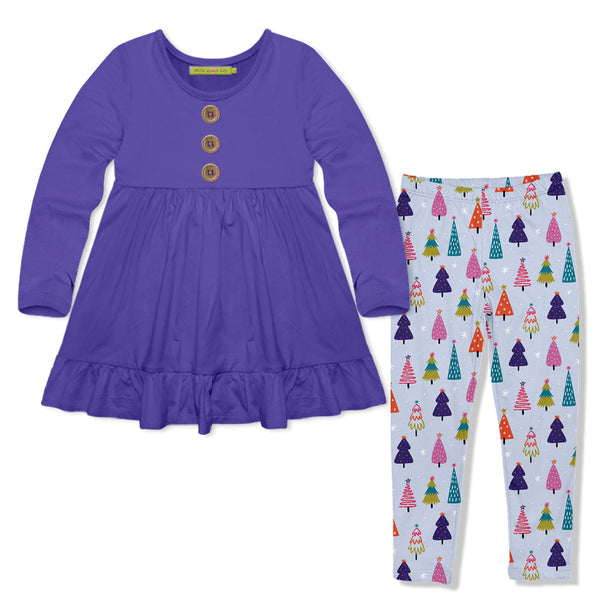 Kids Blue Iris Long-Sleeve Babydoll Top & Tree Farm Leggings