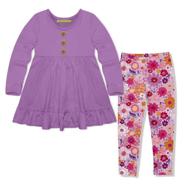Kids Purple Long-Sleeve Babydoll Top & Floral Leggings