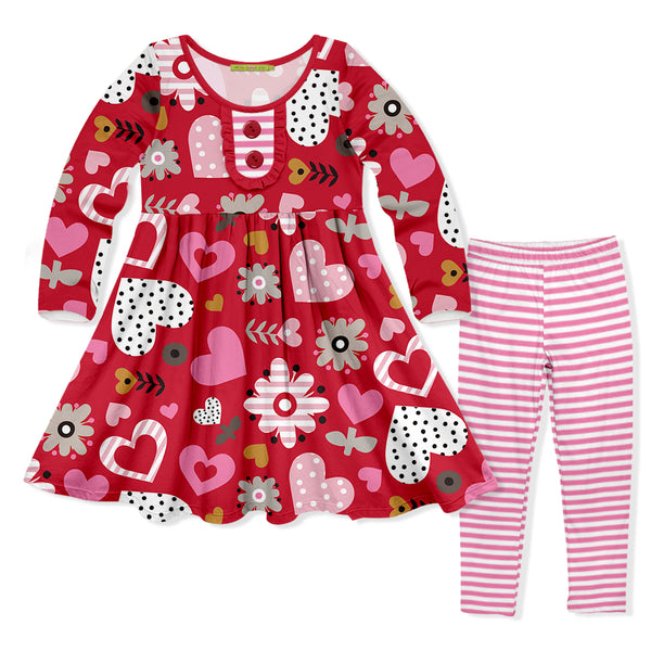 Millie Loves Lily Girls Red Hearts and Flowers Long Sleeve Dress And Legging Set, 2-PCS
