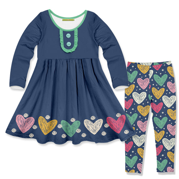Millie Loves Lily Girls Dusty Navy Hearts Button-Accent A-Line Dress & Leggings Set