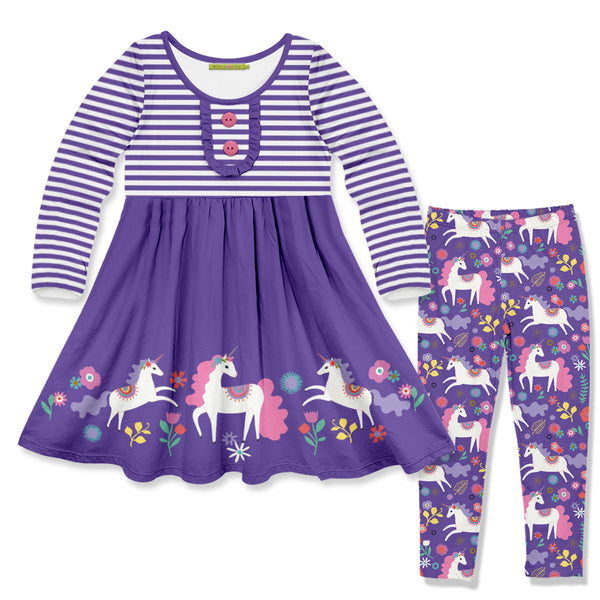 Millie Loves Lily Girls Purple Darling Unicorn Button-Accent A-Line Dress & Leggings Set