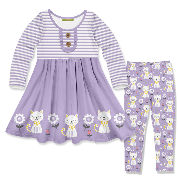 Purple Kitten Corner Border Button-Accent A-Line Dress & Leggings