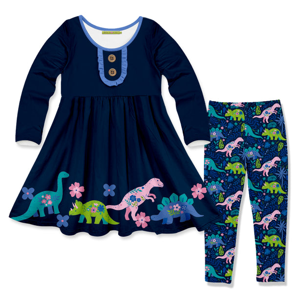 Dark Navy Dino Jungle Button-Accent A-Line Dress & Leggings