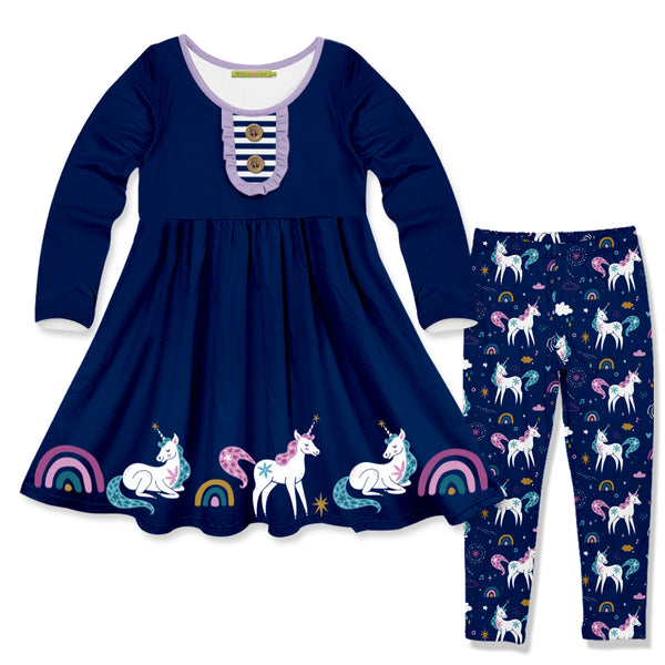 Navy Unicorn Dream Border Button-Accent A-Line Dress & Leggings